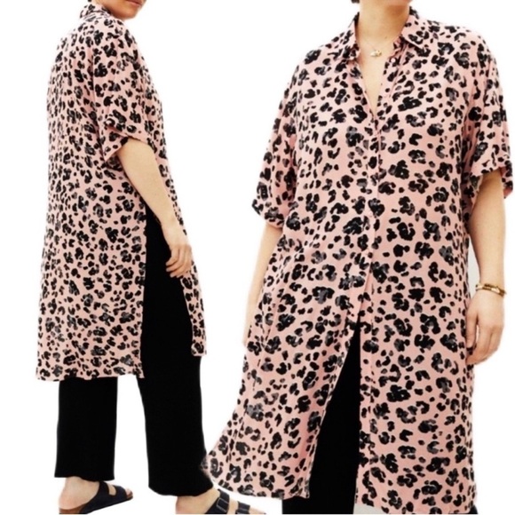 Anthro Maeve Rita Pink Leopard Printed Button Down Tunic size Large - Picture 1 of 7